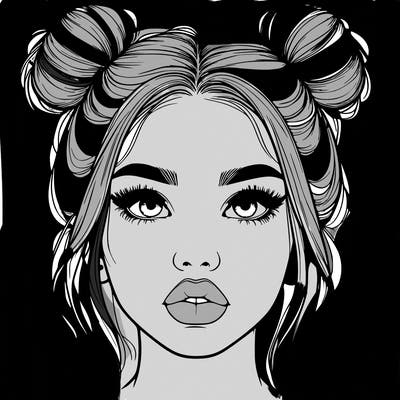 realistic girl with two buns on her hair and lips