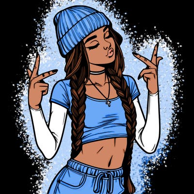 realistic teenage girl with braids and a beanie and crop top doing 🫶🏼