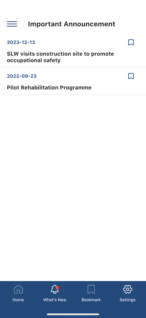 OSH 2.0 - Interfaz de la aplicación OSH 2.0 que muestra una lista de anuncios importantes relacionados con la seguridad y salud ocupacional