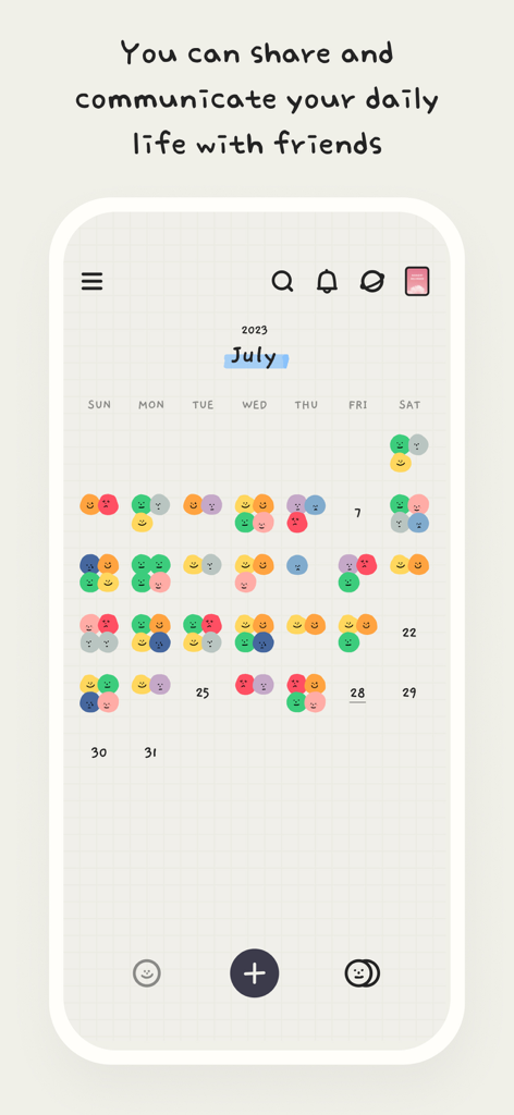 MOODA - MOODA app monthly calendar view with colorful emotion icons