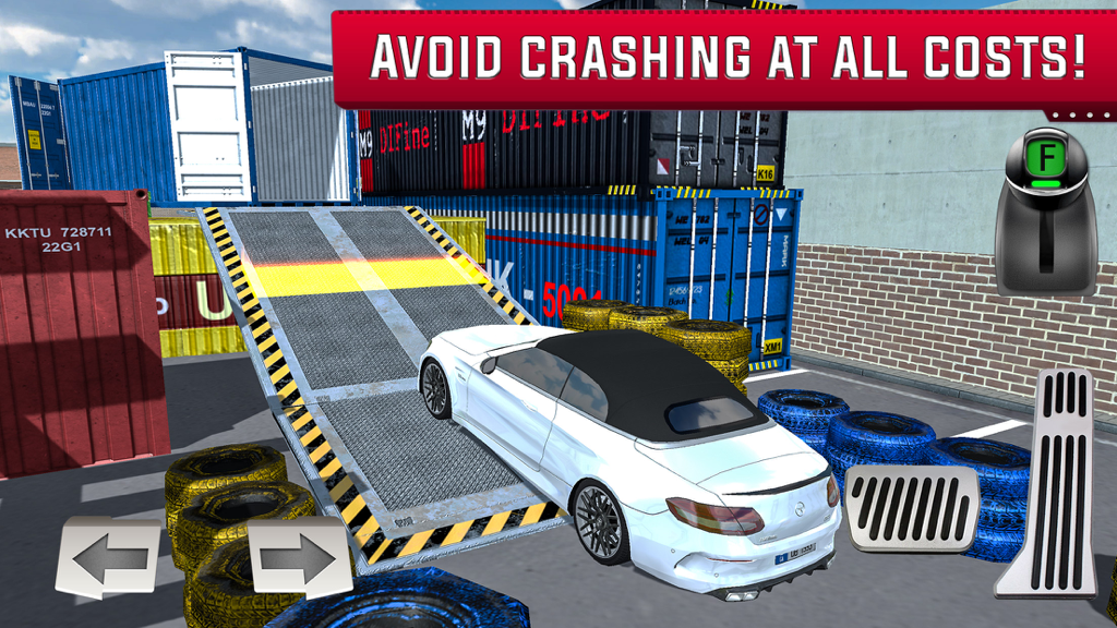 Crash City: Heavy Traffic Drive - White luxury car driving up a metal ramp in a shipping container yard