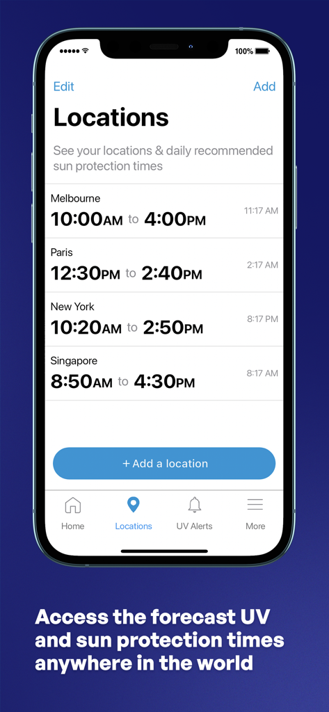 SunSmart Global UV - Aplicación SunSmart Global UV que muestra los tiempos de protección solar para Melbourne, París, Nueva York y Singapur