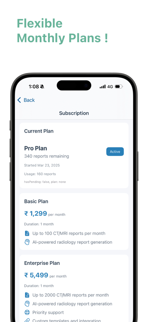 TextRad mobile app subscription screen showing Basic and Enterprise monthly pricing plans for AI radiology reports