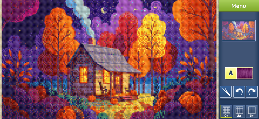 Cross-Stitch World - A vibrant digital cross-stitch pattern of a cozy cabin in an autumn forest.