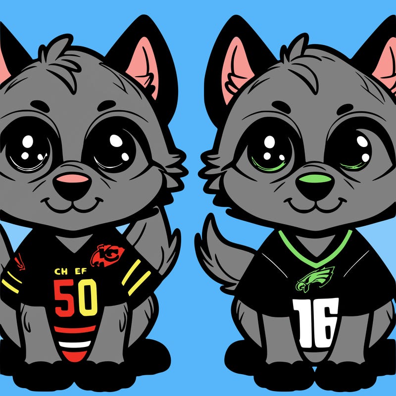 two wolf pups one wearing a chiefs  jersey and the other eagles