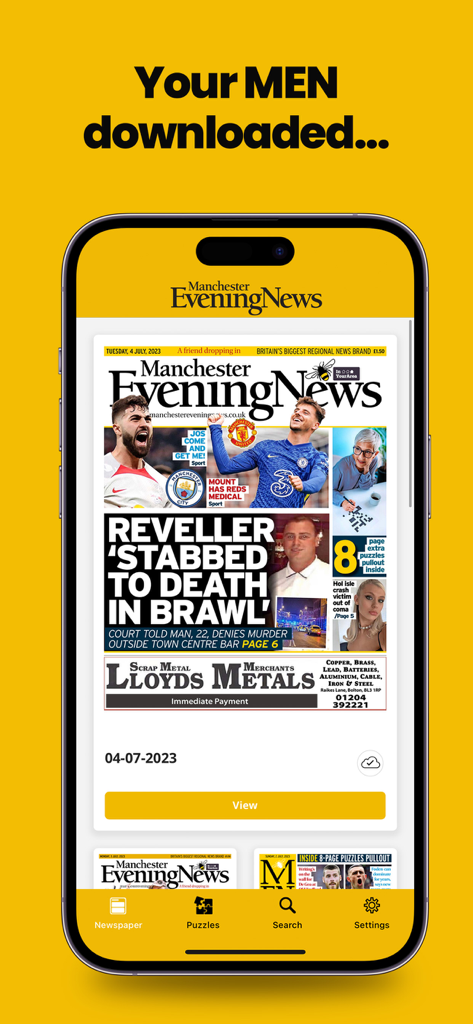 Pantalla de la aplicación Manchester Evening News mostrando una edición digital descargada del periódico