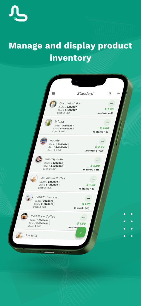 Pantalla de gestión de inventario de la aplicación MyLekha POS mostrando una lista de productos con niveles de stock y precios