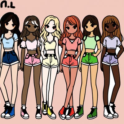a group of girls wearing crop tops and shorts