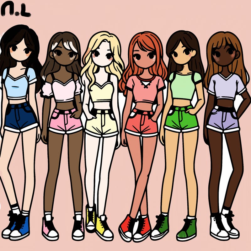 a group of girls wearing crop tops and shorts