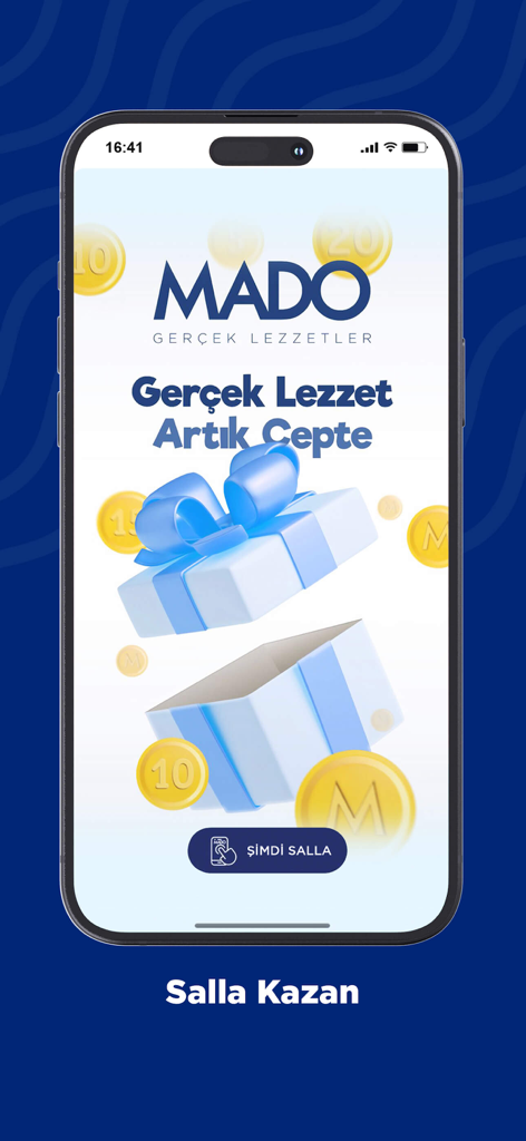 MADO Global - MADO Globalモバイルアプリの画面。開封されたギフトボックスと金貨が表示された「シェイク＆ウィン」ゲーミフィケーション特典機能を示しています。