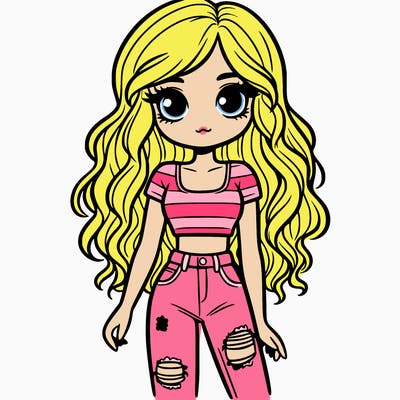 a girl with long wavy hair and has a crop top and ripped jeans on