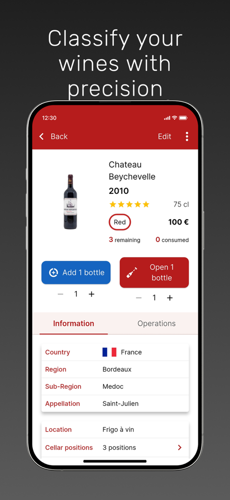 My wines cellar - Detailed wine profile screen in the My wines cellar app showing inventory and origin data