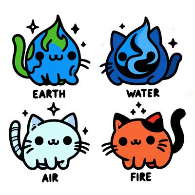 4 cats that represent the different elements, earth, water, air, and fire