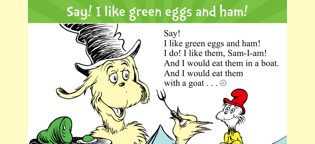 Pantalla de la aplicación Huevos verdes con jamón con Sam-I-Am y texto rítmico para lectores principiantes.