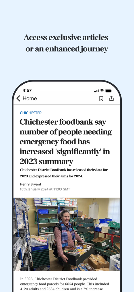 Chichester Observer Newspaper - A mobile app screen showing a news article from the Chichester Observer about a local foodbank