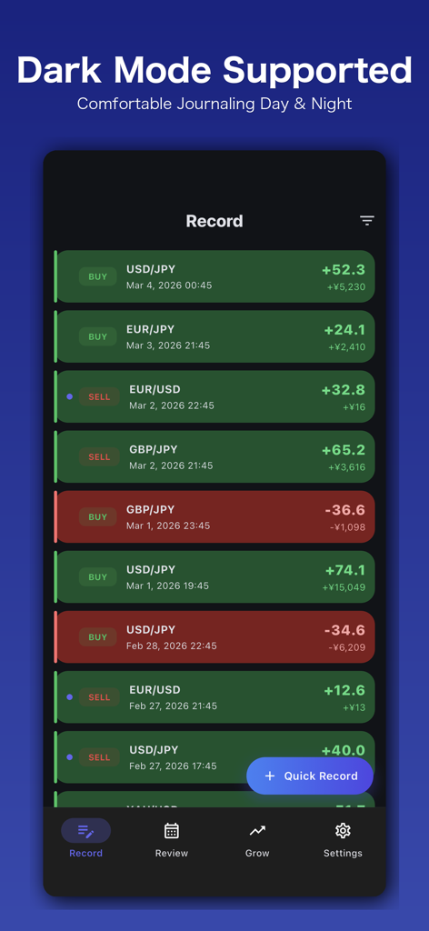FX GrowLog - Trading Journal - FX GrowLog trading journal record screen showing a list of trades in dark mode