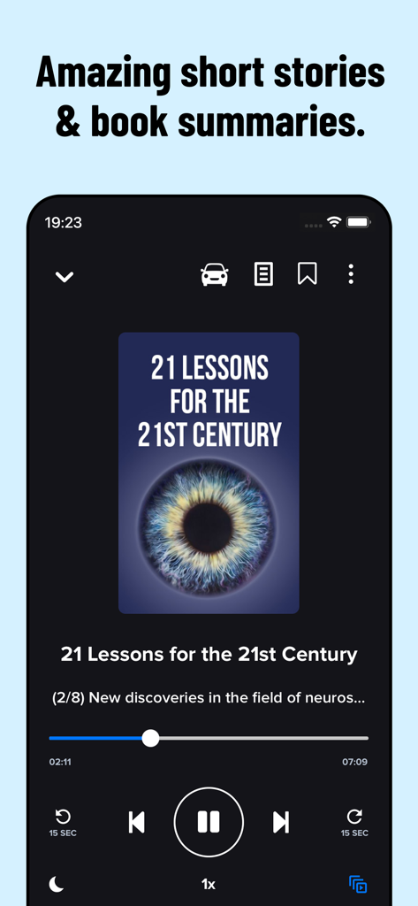 Audio player interface in the Fabula app showing a summary of 21 Lessons for the 21st Century