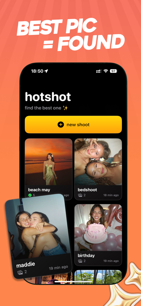 Der Startbildschirm der Hotshot App zeigt verschiedene Fotoshootings zum Vergleich.