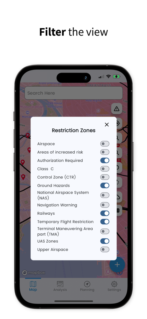 SkyGuard for Drones - SkyGuard app screen showing a list of toggle filters for drone restriction zones like TFRs and UAS zones over a map.