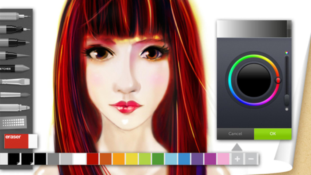 Genius Sketches - Draw, Paint, Doodle & Sketch Art - A digital portrait of a woman with red hair being drawn in a mobile app featuring painting tools and a color wheel.