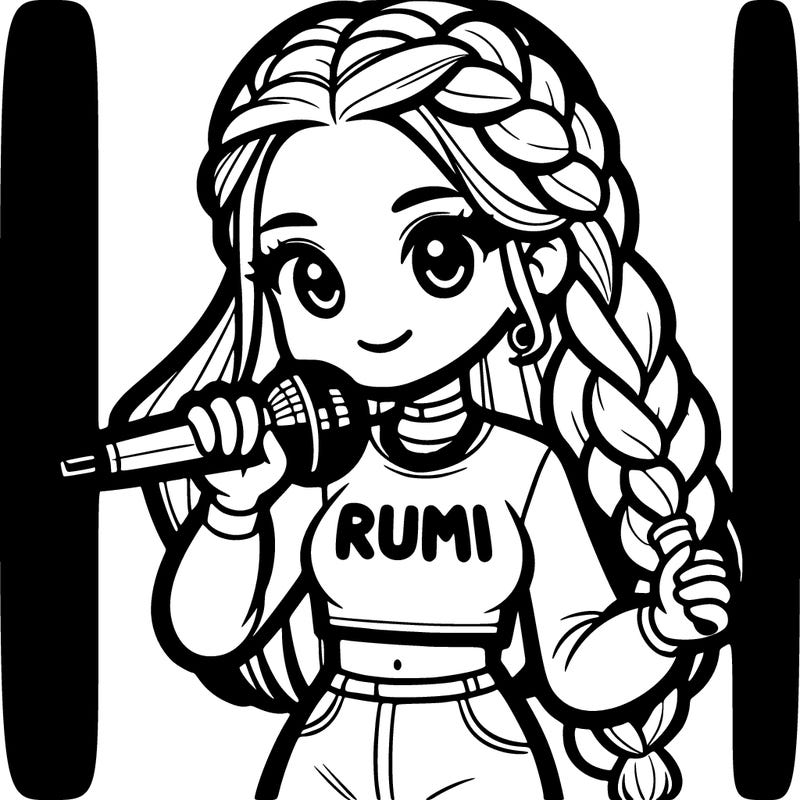 a teenage k-pop artist holding a microphone with a long french braid in her hair. she wears a white crop top with the name rumi on it.