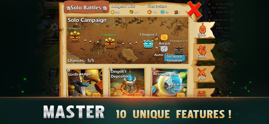 Clash of Lords 2: Guild Castle - Clash of Lords 2 Solo Battles menu interface showing campaign map and various game modes