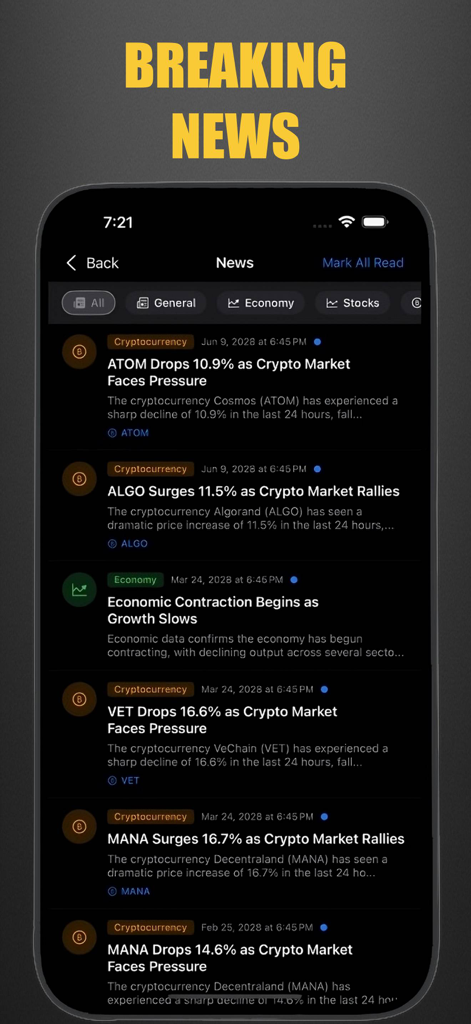 Invest Sim: Stock & Biz Tycoon - A mobile app screen displaying breaking news about cryptocurrency market trends and economic reports in Invest Sim