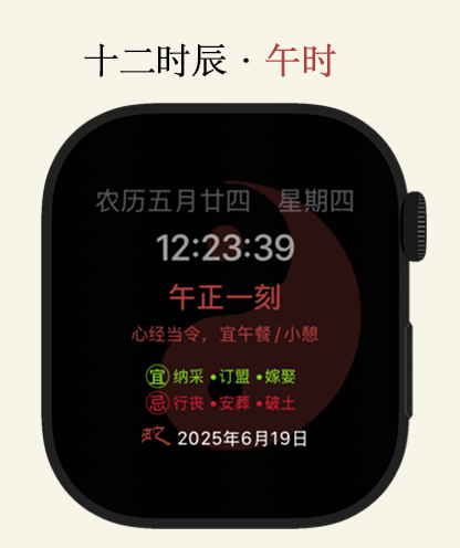 五行天时—十二时辰国风表盘 - Apple Watch face displaying Traditional Chinese Twelve Shichen time with a red Yin Yang design