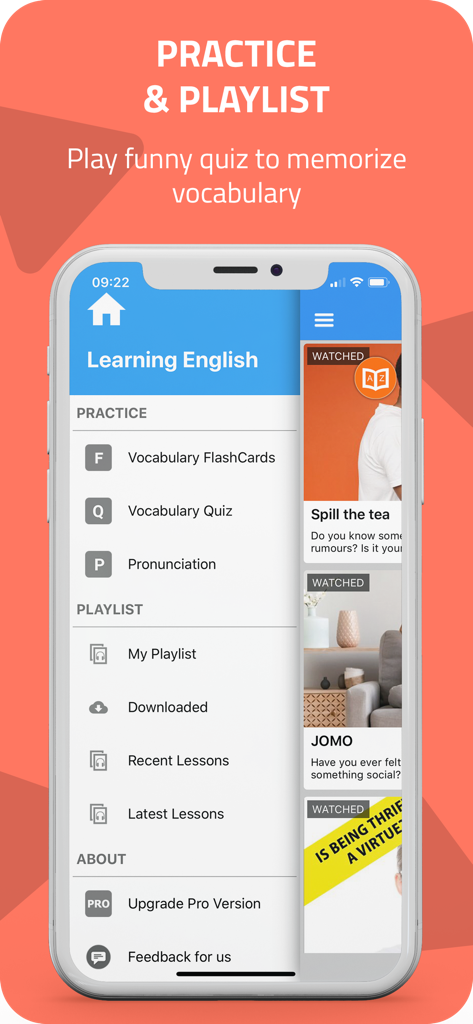 Interface of the Learn English by Conversation app showing vocabulary practice and lesson playlist options