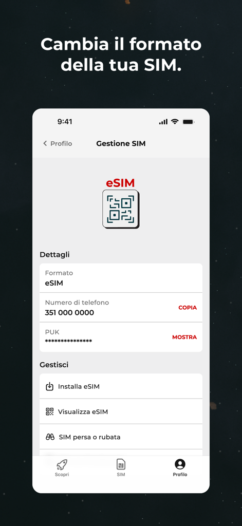 iliad - Bildschirm der iliad-Mobilfunk-App zur Verwaltung und Installation einer eSIM.