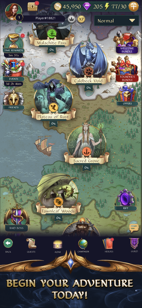 Un mapa de campaña de alta fantasía de Gemstone Legends que muestra varias ubicaciones de misiones y el menú de héroes