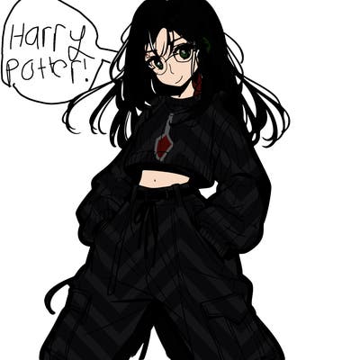 anime teen girl with baggy pants and crop top with sweater