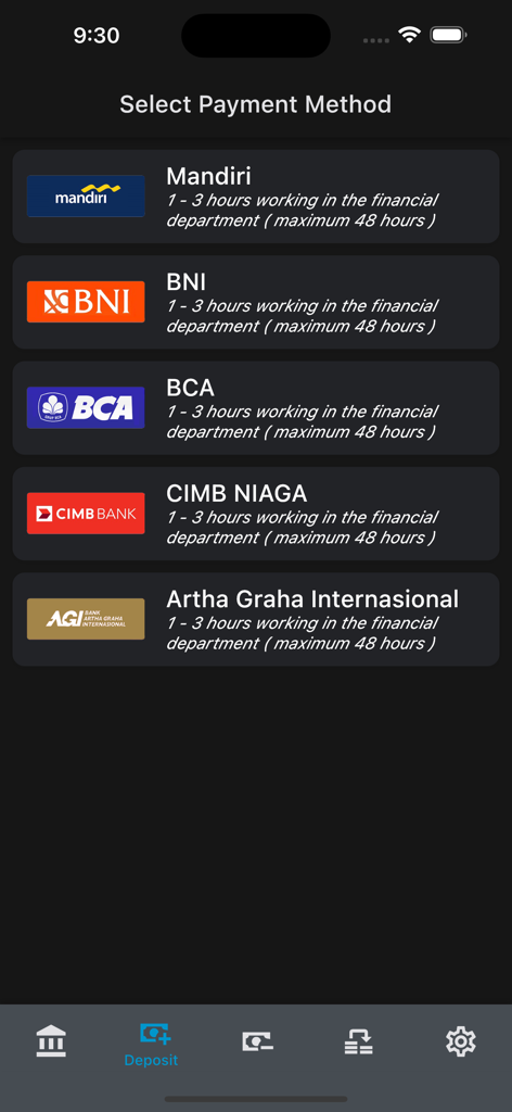 다양한 은행을 통한 입금 결제 방법을 선택하는 DIDIMAX Trader 앱 인터페이스