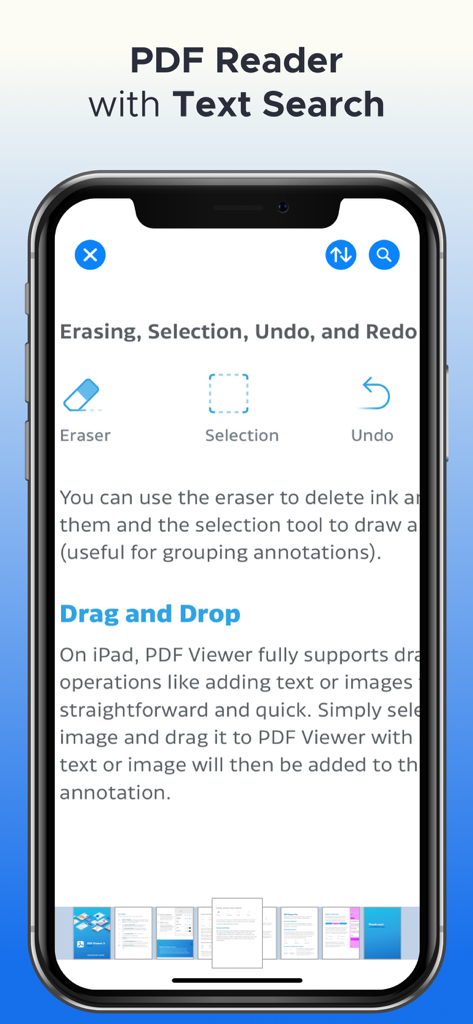 PDF Merge + Scan & Split Pages - PDF reader interface showing text search and document editing tools