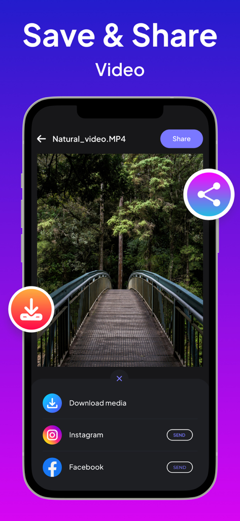 Video Downloader : Video Save - A mobile interface of the Video Downloader app displaying options to download media or share videos directly to Instagram and Facebook