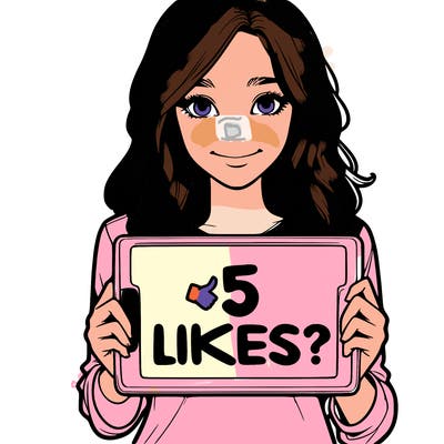 a realistic girl holding a sign saying 5 likes?