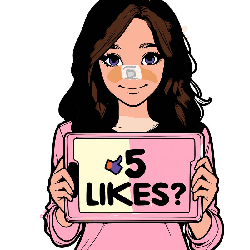 a realistic girl holding a sign saying 5 likes?