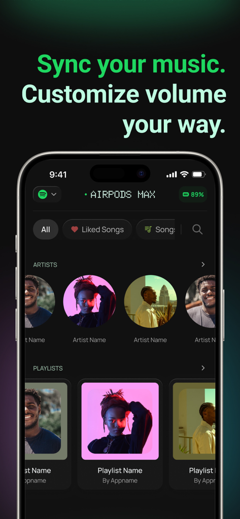 PRO Speaker Headphones Connect - Interfaz de aplicación móvil mostrando sincronización de música y biblioteca de artistas para AirPods Max.
