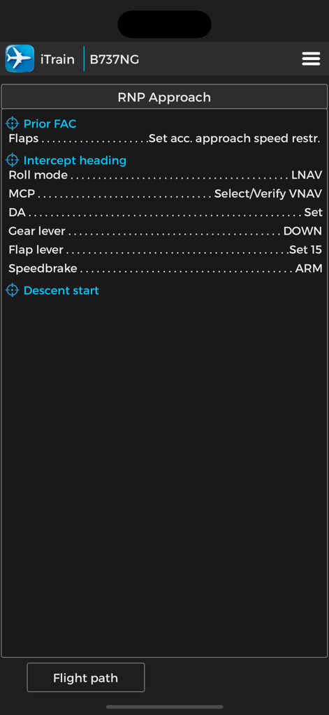 Eine technische Checkliste für ein Boeing 737NG RNP-Anflugverfahren innerhalb der iTrain-App