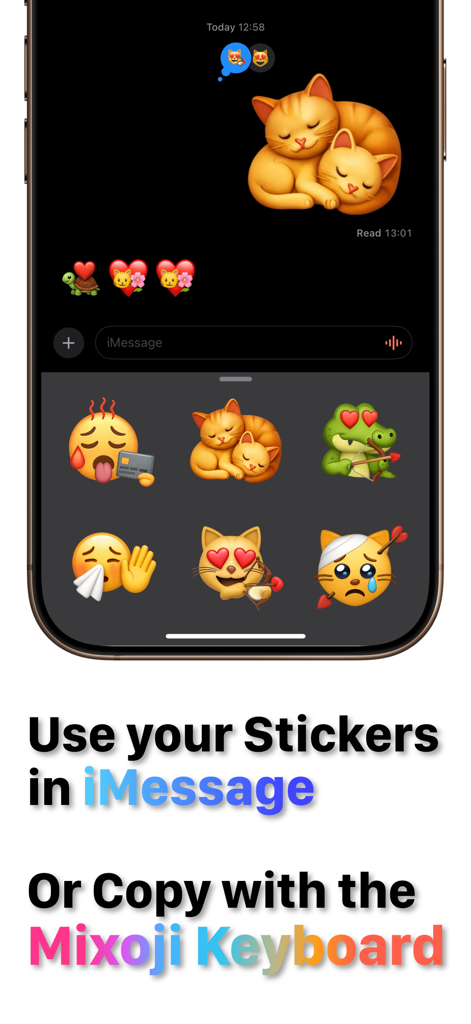 Emoji Merge & Mix: Mixoji - Una pantalla de iPhone que muestra stickers de emoji personalizados en uso en un chat de iMessage con el cajón del teclado de Mixoji abierto.