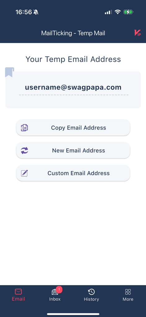 Interface of MailTicking app showing a temporary email address and management buttons