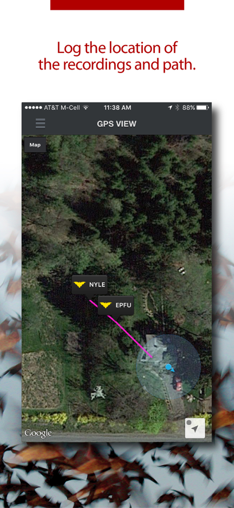 Echo Meter Touch Bat Detector - Aplicación Echo Meter Touch que muestra la vista GPS con ubicaciones de especies de murciélagos y trayectoria de vuelo en un mapa satelital