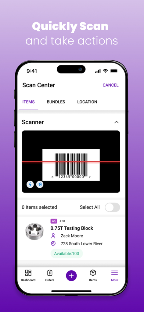 EZRentOut - EZRentOut mobile app showing the barcode scanner feature for rental inventory tracking.