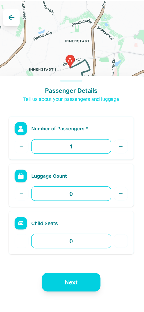 Tommy App - Tommy App screen for choosing passenger count luggage and child seats