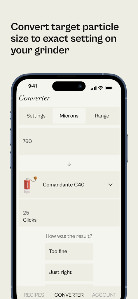 beean: brew your coffee right - Pantalla de una aplicación de smartphone que muestra un conversor de tamaño de molienda de café que traduce 760 micras a 25 clics para un molinillo Comandante C40.