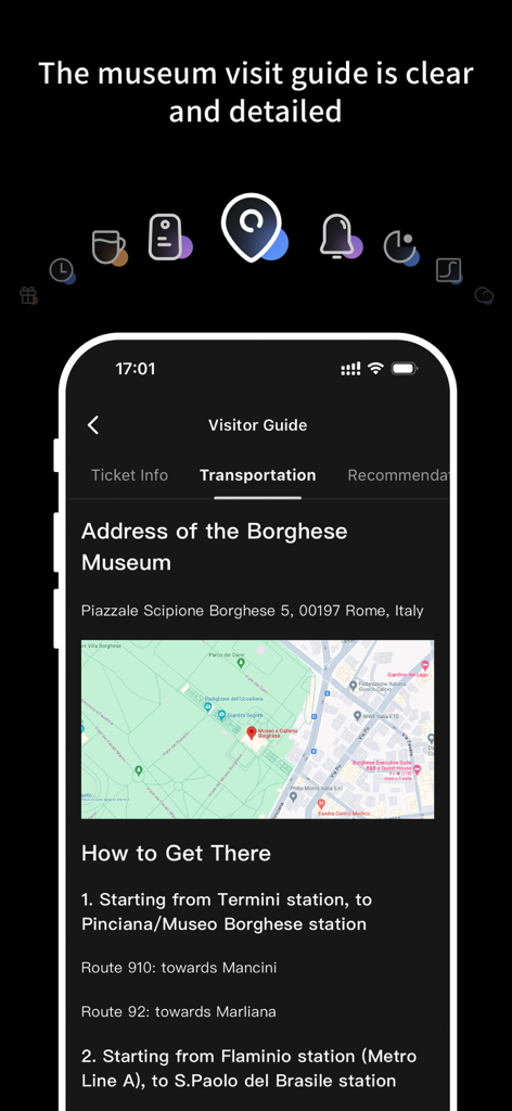 MTour - MTour app screen showing transportation info and location map for the Borghese Museum
