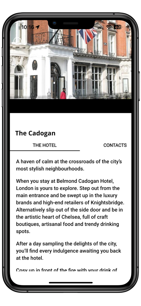 Belmond - ベルモンド旅行アプリで、ロンドンのザ・カドガン・ホテルのプロフィールを表示。