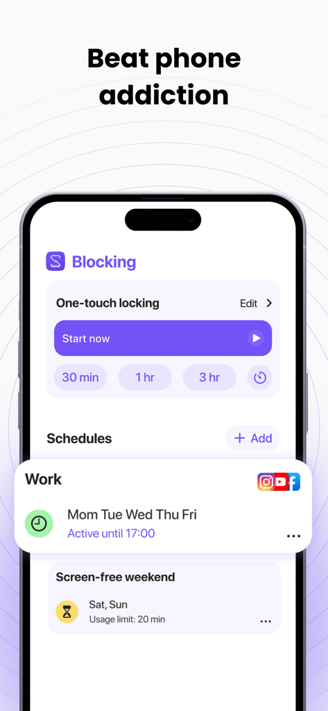 Screen Time Limit: App Blocker - Smartphone screen displaying Focus Mode app blocker with one-touch locking and customized work and weekend schedules