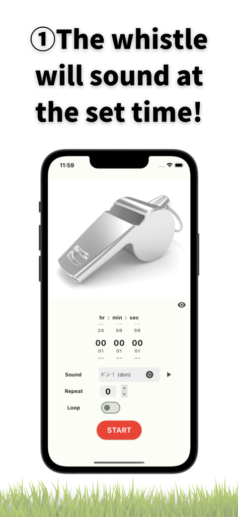 Whistle Sound Alarm Timer - Pantalla de smartphone que muestra la aplicación Whistle Sound Alarm Timer con un gráfico de silbato plateado realista y la configuración de un temporizador de cuenta atrás.