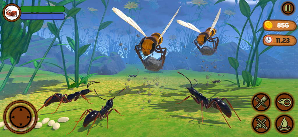 Ant Insect Life Survival War - Drei Ameisen auf einem grünen Feld stehen fliegenden Hornissen im Ant Survival 3D-Gameplay gegenüber